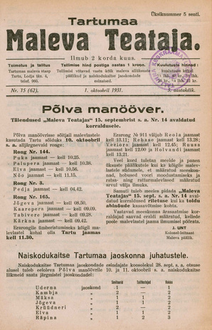 Tartumaa Maleva Teataja ; 15 (62) 1931-10-01