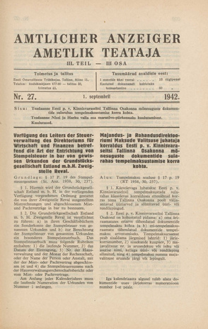 Ametlik Teataja. III osa = Amtlicher Anzeiger. III Teil ; 27 1942-09-01