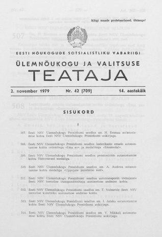 Eesti Nõukogude Sotsialistliku Vabariigi Ülemnõukogu ja Valitsuse Teataja ; 42 (709) 1979-11-02