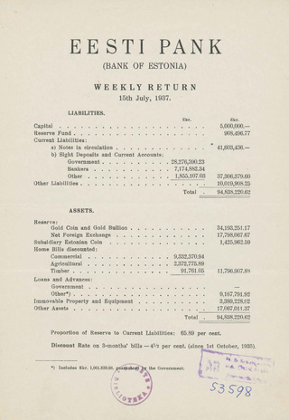Eesti Pank (Bank of Estonia) : weekly return ; 1937-07-15