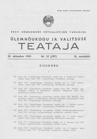 Eesti Nõukogude Sotsialistliku Vabariigi Ülemnõukogu ja Valitsuse Teataja ; 35 (597) 1981-10-30