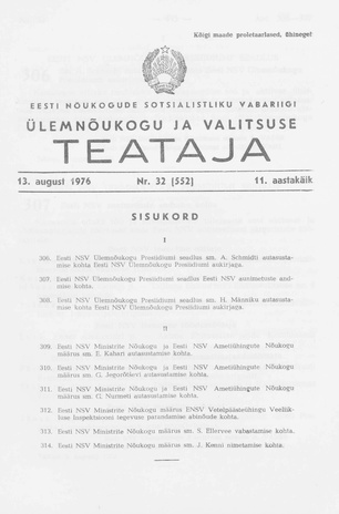 Eesti Nõukogude Sotsialistliku Vabariigi Ülemnõukogu ja Valitsuse Teataja ; 32 (552) 1976-08-13