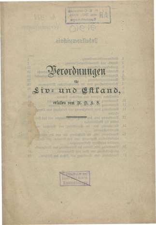 Verordnungen für Liv- und Estland, erfassen vom A. O. K. 8 : Druck gestattet 5. Juli 1918 : No 5818