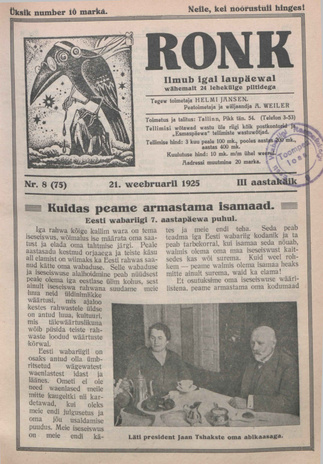 Ronk : perekonna ja noorsoo ajakiri ; 8 (75) 1925-02-21