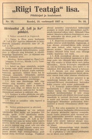 Riigi Teataja Lisa : seaduste alustel avaldatud teadaanded ; 16 1927-02-18