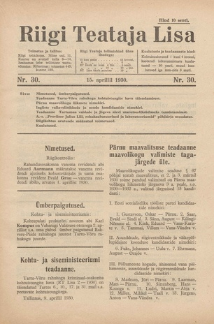 Riigi Teataja Lisa : seaduste alustel avaldatud teadaanded ; 30 1930-04-15