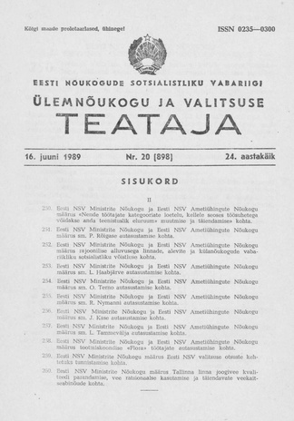 Eesti Nõukogude Sotsialistliku Vabariigi Ülemnõukogu ja Valitsuse Teataja ; 20 (898) 1989-06-16