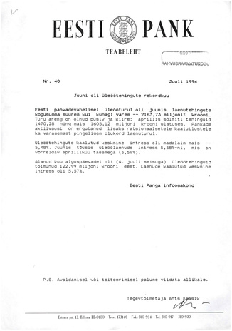 Eesti Pank : teabeleht ; 40 1994-07
