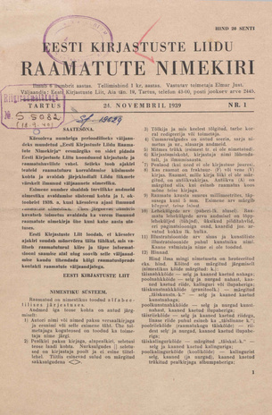 Eesti Kirjastuste Liidu raamatute nimekiri ; 1 1939-11-24