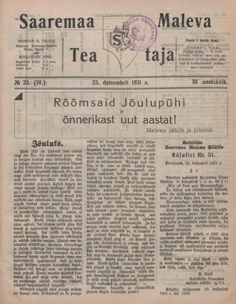 Saaremaa Maleva Teataja ; 23 (70) 1931-12-23