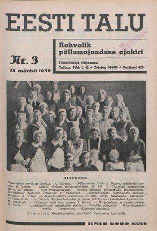 Eesti Talu : rahvalik põllumajanduse ajakiri ; 3 1939-03-18