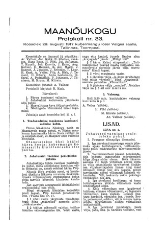 Maanõukogu protokoll nr.33 (29. august 1917)