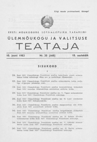 Eesti Nõukogude Sotsialistliku Vabariigi Ülemnõukogu ja Valitsuse Teataja ; 20 (668) 1983-06-10