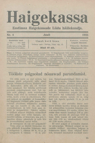 Haigekassa : Eestimaa Haigekassade Liidu häälekandja ; 4 1925-07