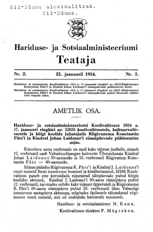 Hariduse- ja Sotsiaalministeeriumi Teataja ; 2 1934-01-25
