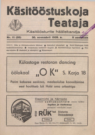 Käsitööstuskoja Teataja : käsitöösturite häälekandja ; 11 (20) 1939-11-30