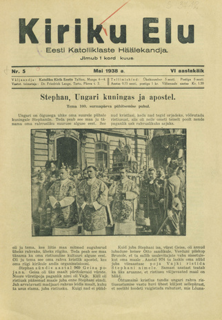 Kiriku Elu : Eesti Katoliiklaste Häälekandja ; 5 1938-05-05